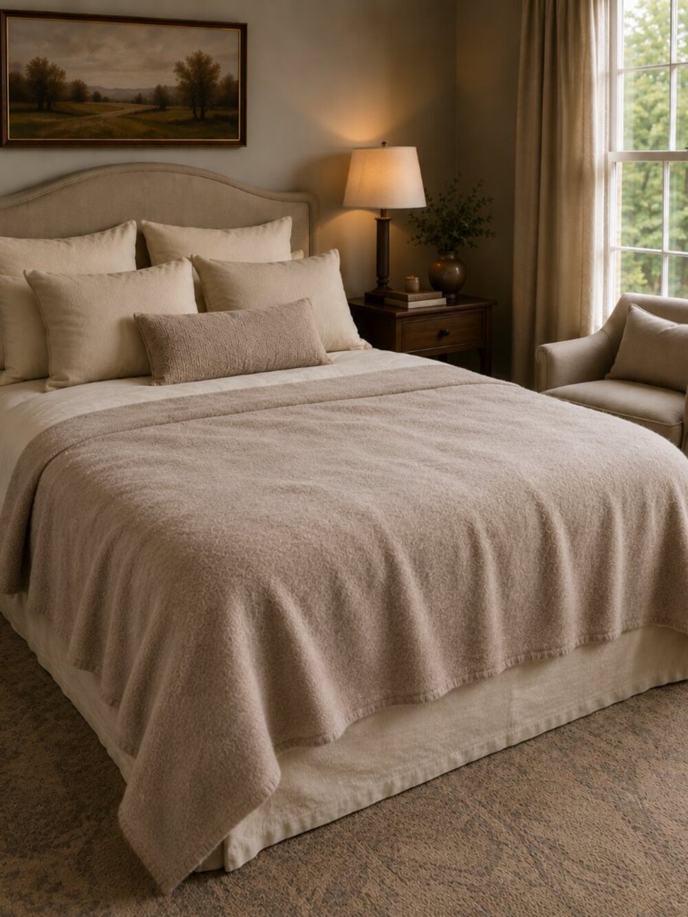 Merino Wool Bloomingdale's cover Q/K Tan/cream Whipstitch Reversible used good - Picture 1 of 9